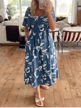 a new day Blue and White Flutter Sleeve Midi Dress Tie Back Women’s Size M